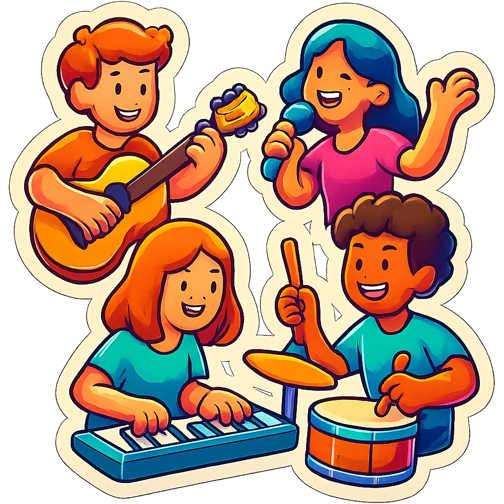 A group of friends playing music in retro stickers style, with musical instruments and a retro vibe emoji