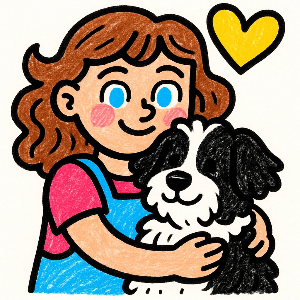 vibrant colorful style of a white Baltic girl with wavy brown hair and blue eyes, gently hugging her black and white fluffy dog emoji
