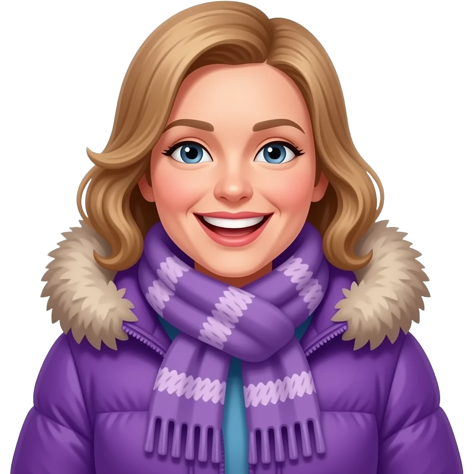 english winter woman with big scarves on neck purple puffin jacket laughing emoji