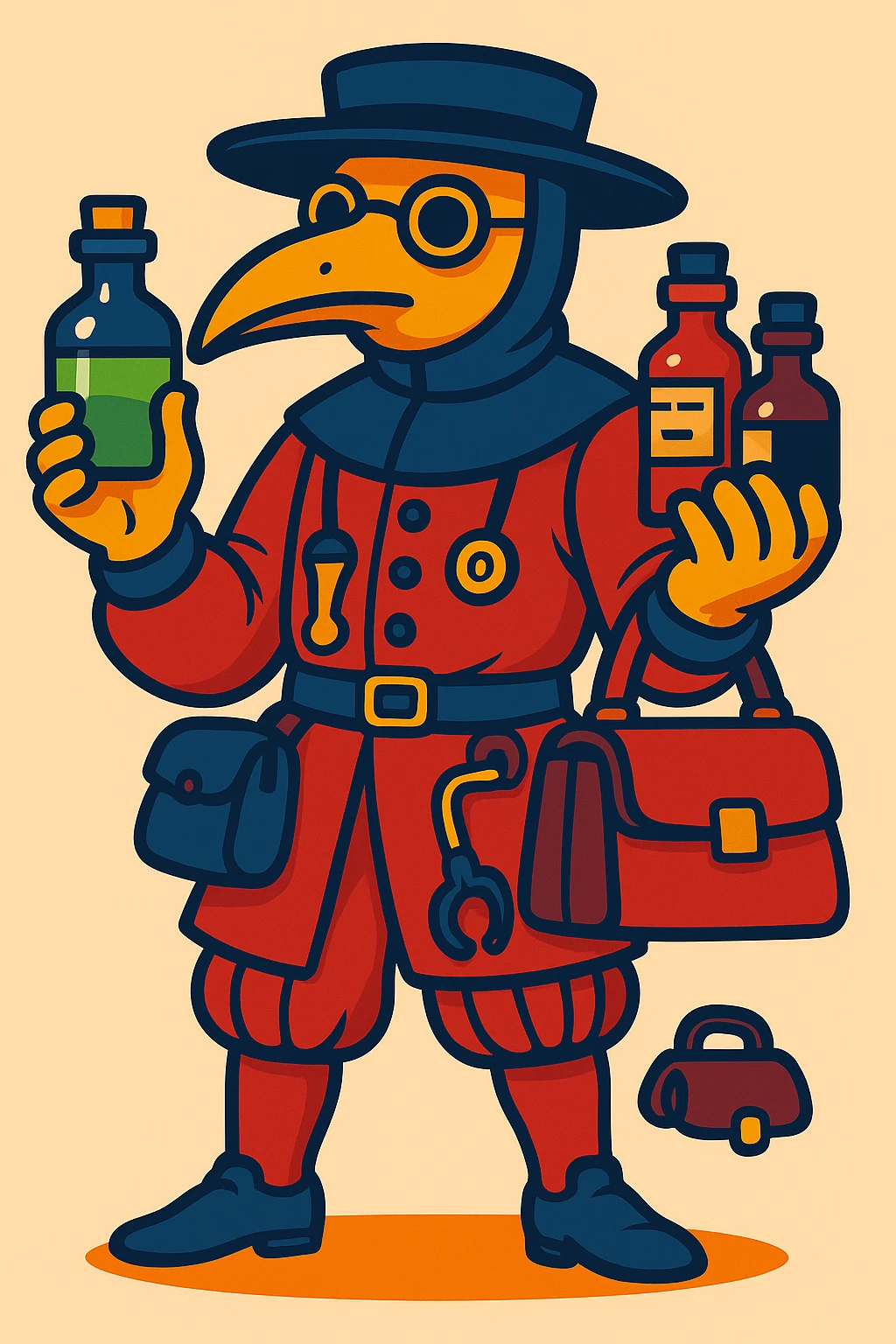 Tudor doctor holding medicine bottles and medical equipment in vibrant toon cartoon style, colorful, lively, detailed, expressive character emoji