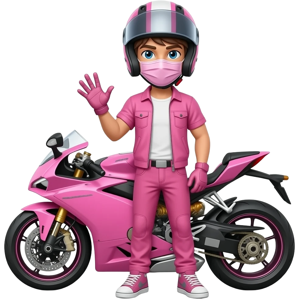 sexy boy with a motorcycle helmet in pink clothes and a pink motorcycle wearing a pink mask holding a ROMAN sign emoji