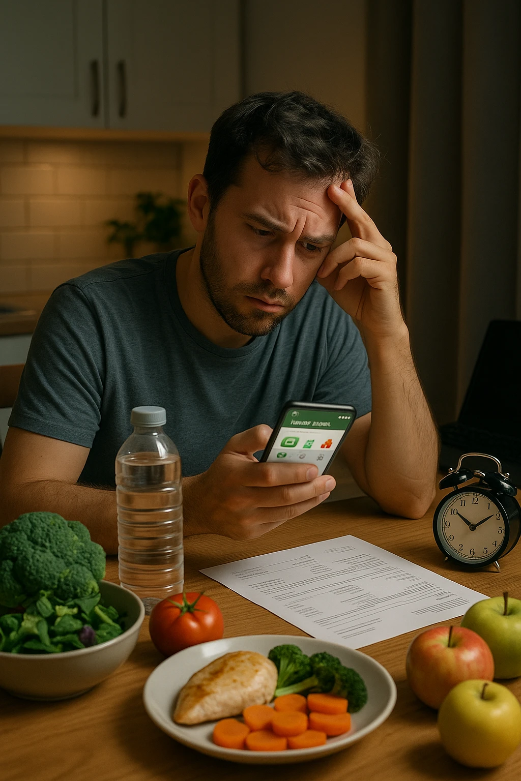  a man sits at his kitchen table, reviewing a food diary or nutrition app on his phone, with a perplexed look. Around him are healthy meal ingredients and a water bottle, but also subtle hints of stress (bills, work laptop) and lack of sleep (alarm clock showing late hour). The mood is thoughtful, highlighting the hidden factors behind weight. emoji