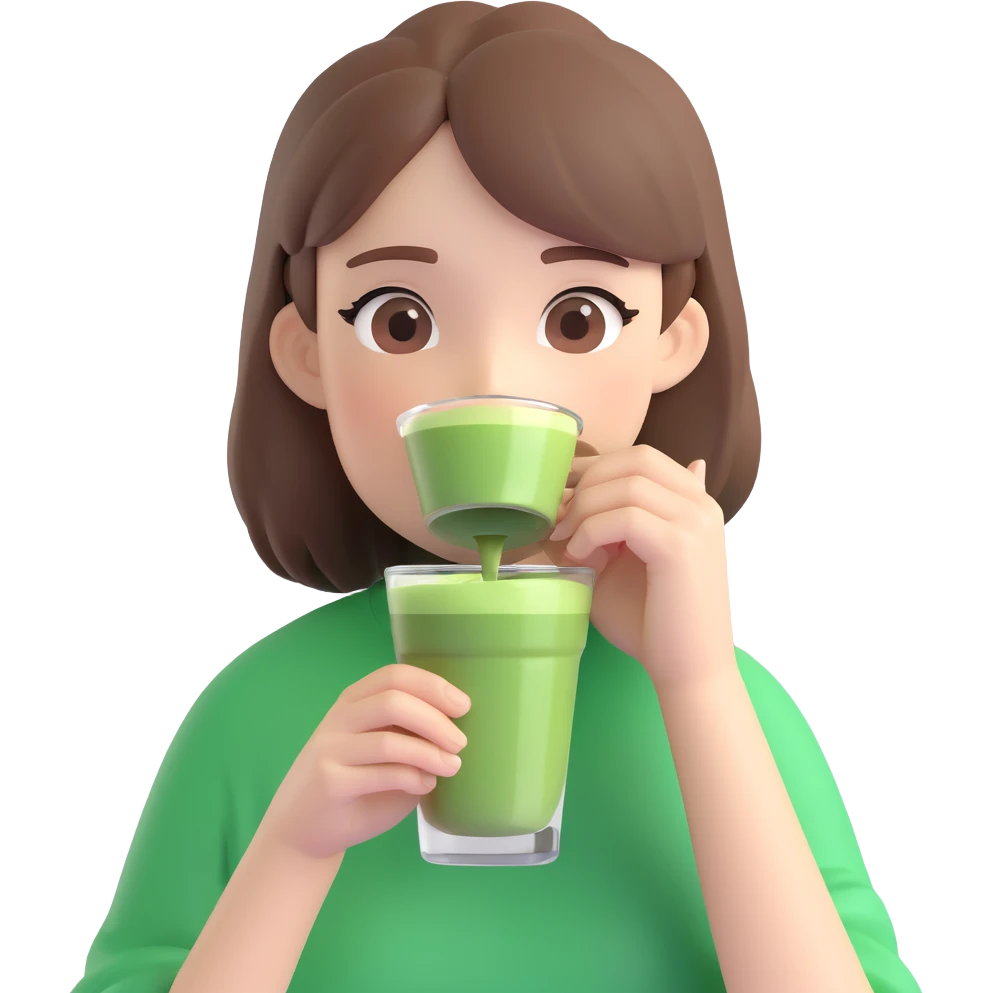 a girl with brown hair drinking matcha emoji