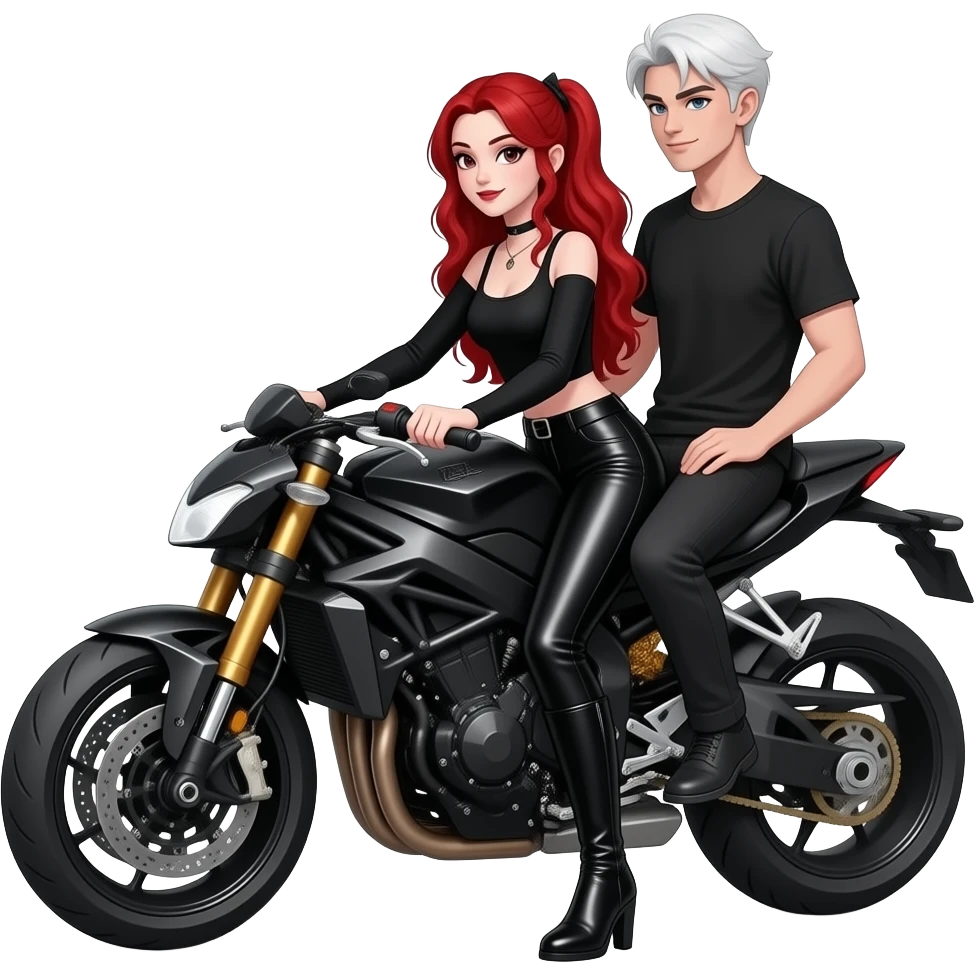 Vampiro femmina ADOLESCENTE con pelle bianca e capelli rosso ondulati lunghi raccolti in una mezza coda che indossa dei pantaloni di pelle neri un top con maniche lunghe nero e degli stivali lunghi neri che va in moto insieme al suo ragazzo VAMPIRO con la pelle bianca emoji