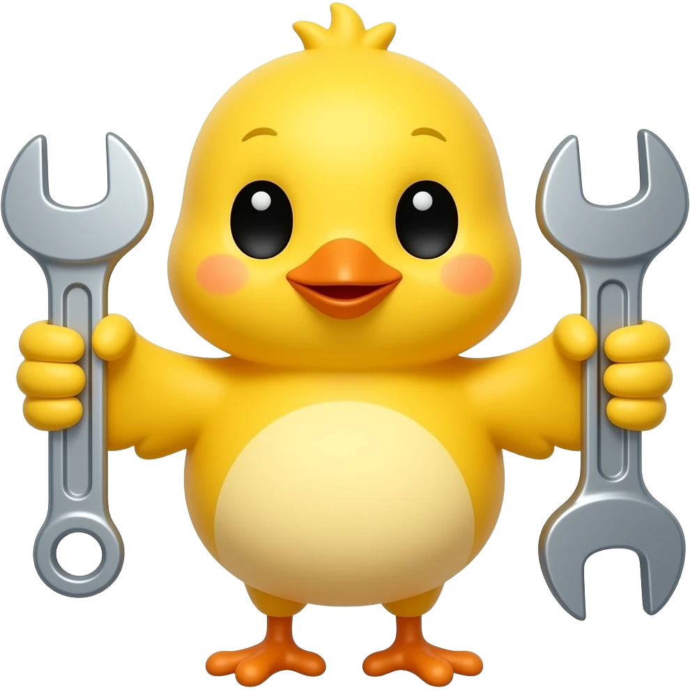 lovable small yellow bird holding a spanner in one wing and a wrench in the other wing, ready for work. the image must be a transparent .png emoji