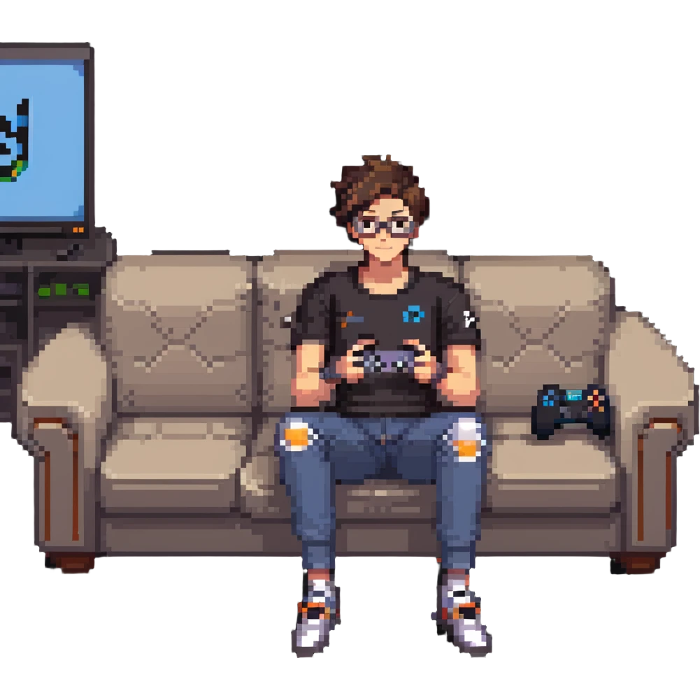 an Overwatch fan sitting on a couch with a controller, looking relaxed emoji