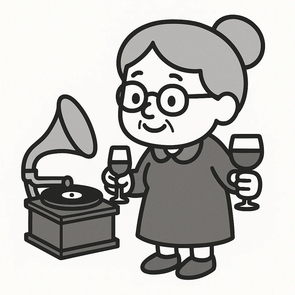 old lady with wineglass listening to gramophone emoji