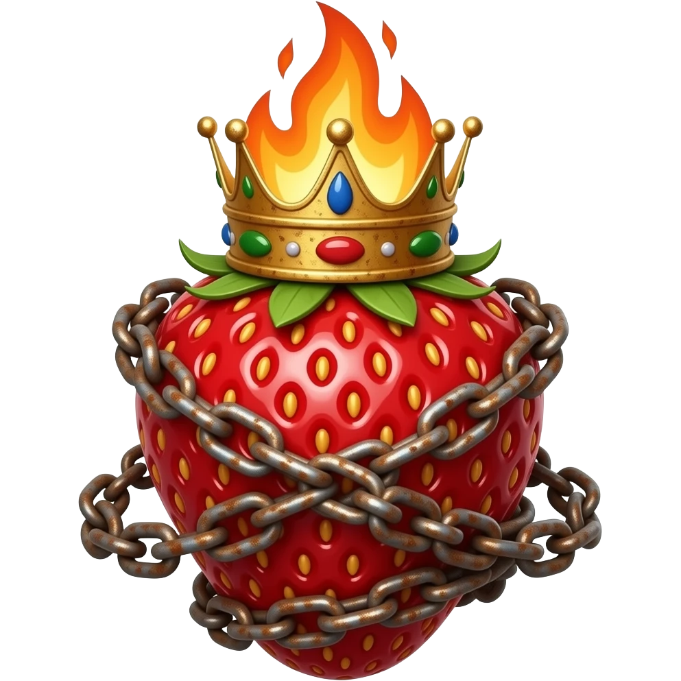 a gold strawberry with a rusty, richly decorated English royal crown on top that is flaming. An oversized rusty chain is wrapped around the strawberry's body and is spinning around its body emoji