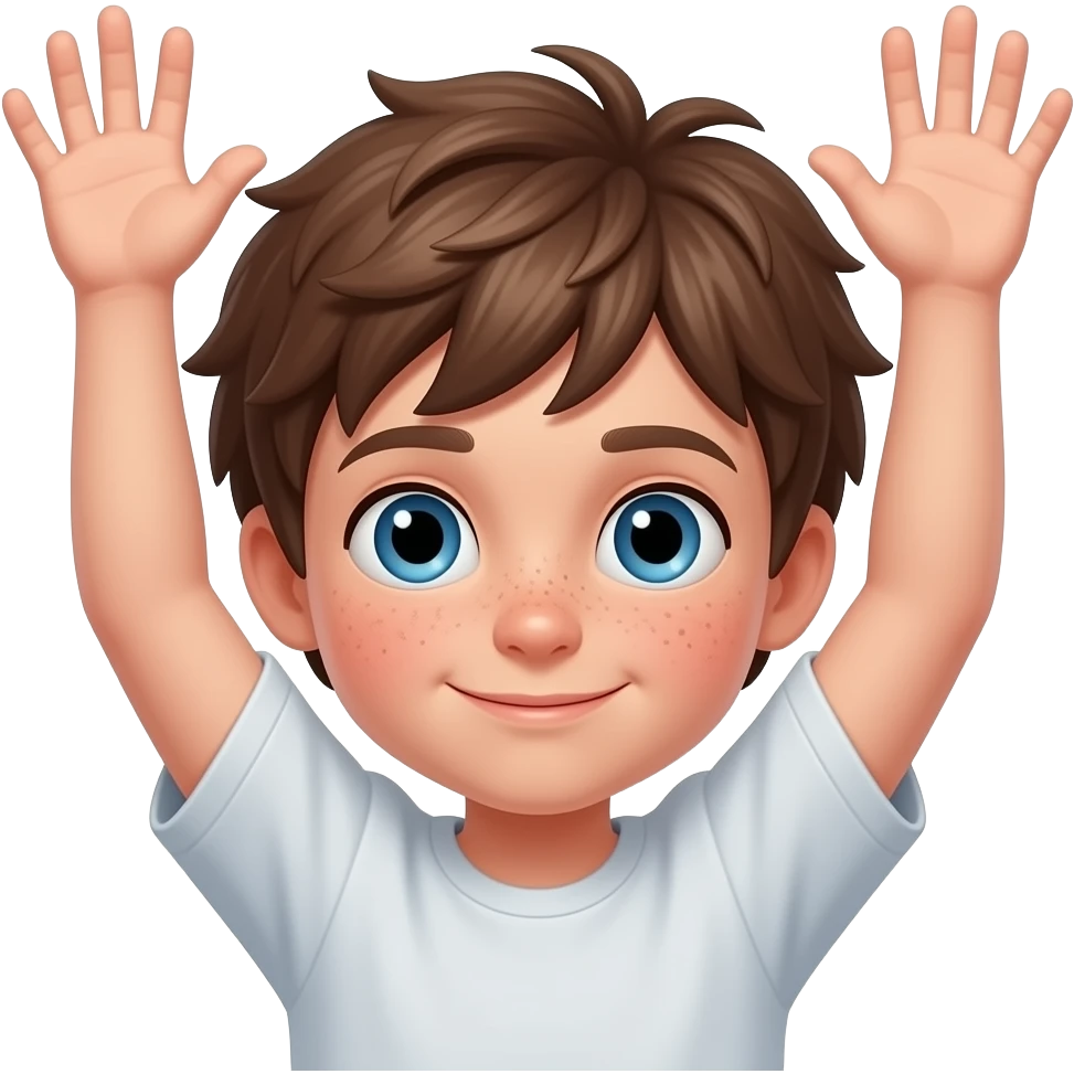 Hazme un chico con pelo rebelde castaño, ojos azules y unas pecas. que este escalando de espaldas, pero sin nada en sus manos emoji