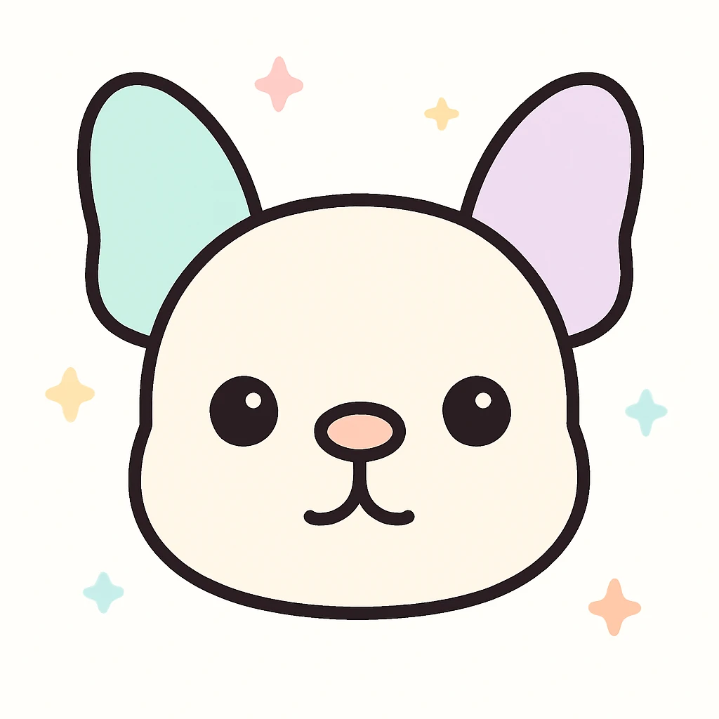 Minimalist kawaii line art of a French Bulldog dog's head: round, wide head, large upright bat-like ears, very simple face with two dot eyes, tiny round nose, upside-down 'Y' mouth. Thick, bold, clean black lines on white background, symmetrical, calm and sweet expression. No color or shading, just black linework. Slightly hand-drawn but polished, child-friendly. emoji