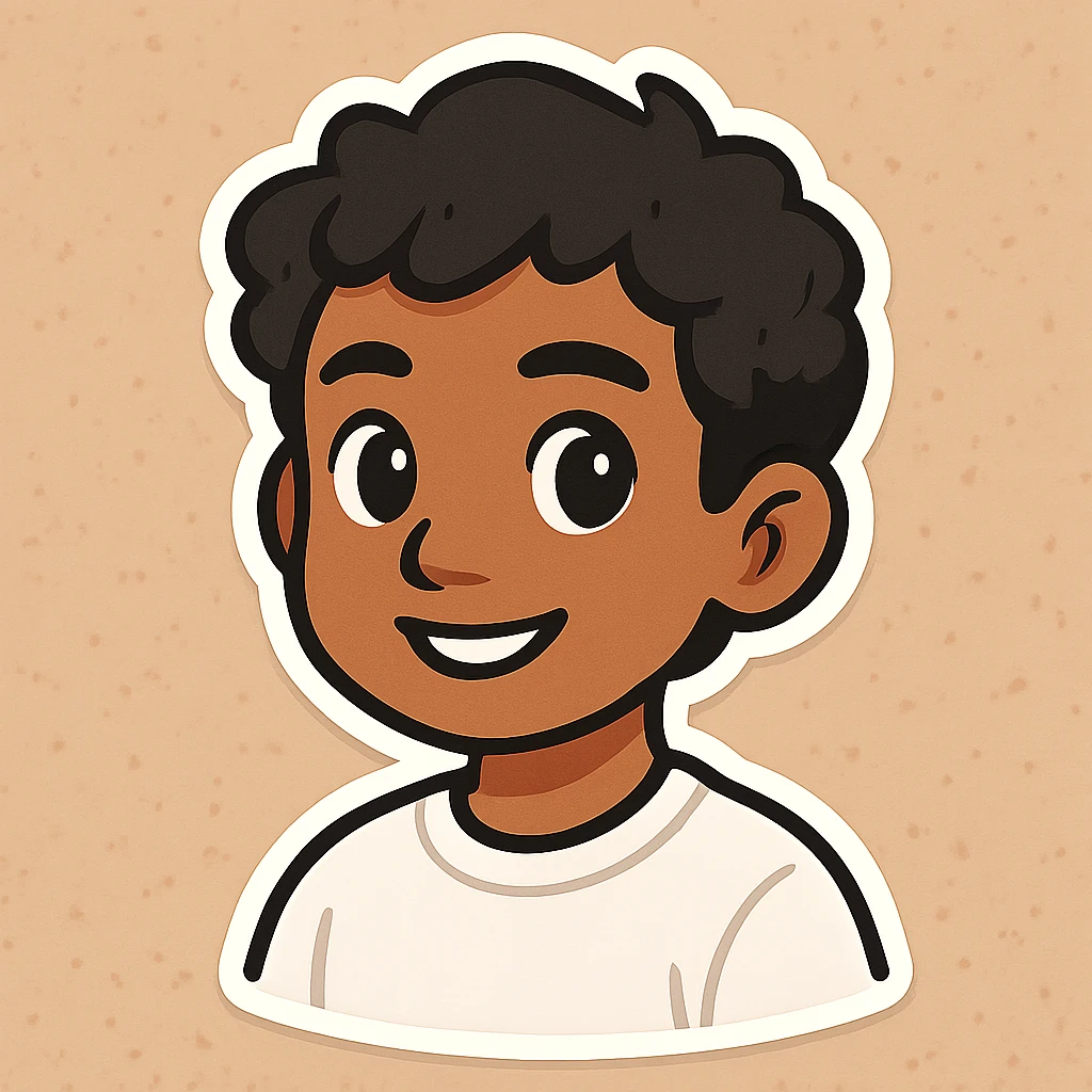 Make the boy slightly darker with tanned skin, keeping his black wavy hair, black eyes, no beard or mustache, and wearing a white sweatshirt. The style should resemble cartoon sticker style. emoji