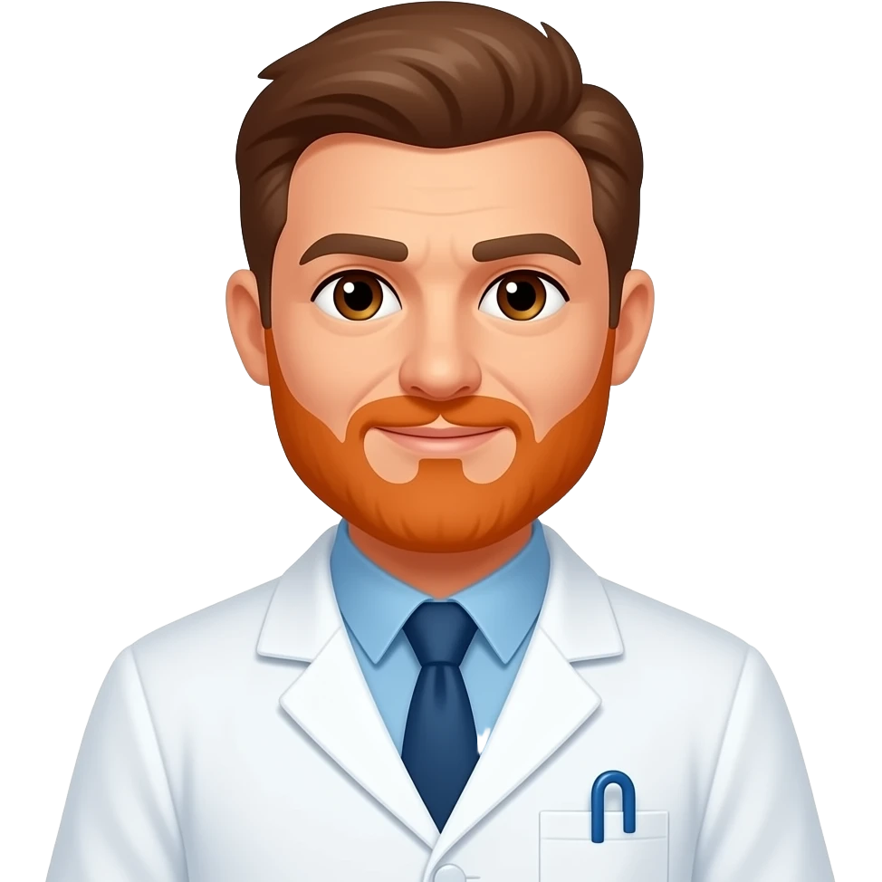 Happy Middle aged man, brown hair, orange beard, brown eyes wearing white Dr coat - remove wrinkles emoji