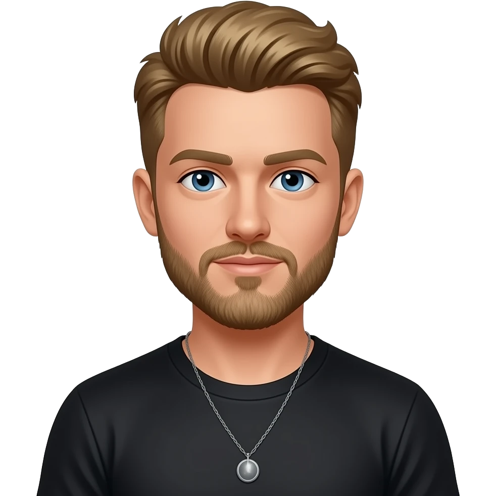 Ben Phillips from The Sorrybro Crew with blue eyes, golden brown hair and short beard, black metallic T-shirt, necklace emoji