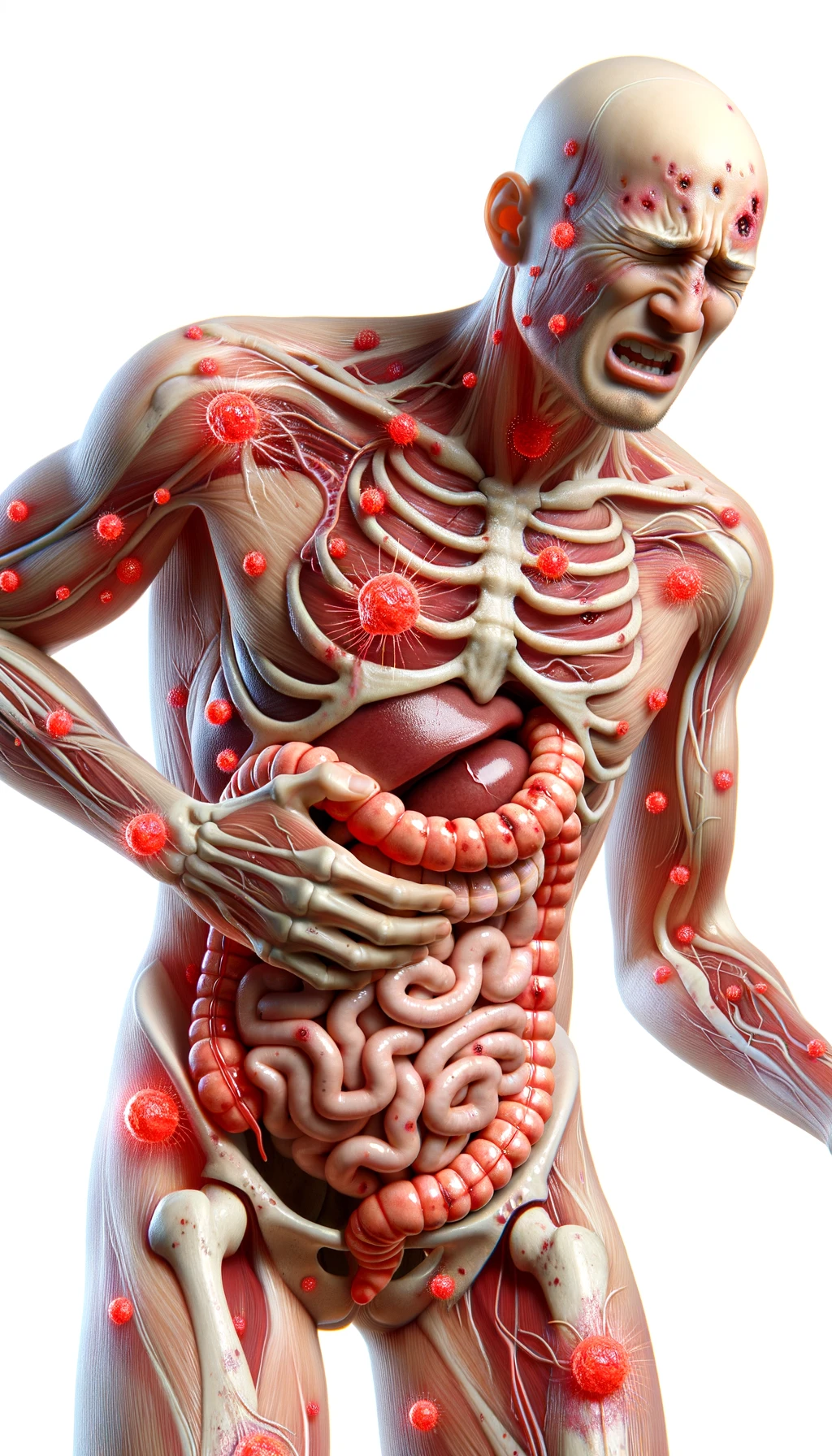 corpo umano anatomico con parassiti nell'intestino e red spot di infiammazione sparsi sul corpo, espressione di dolore in volto, iperrealistico 4k , sfondo bianco emoji