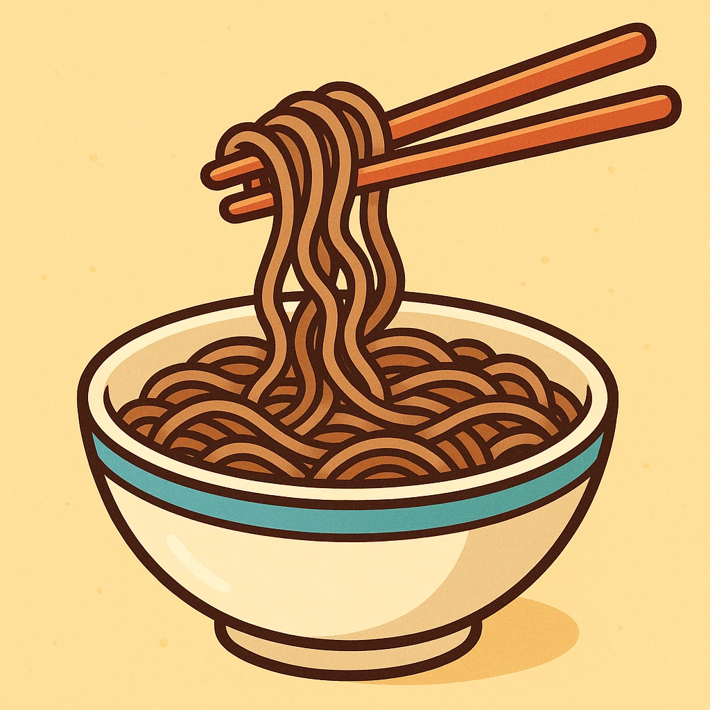 buckwheat noodles, cartoon style, bowl with chopsticks, cheerful colors emoji