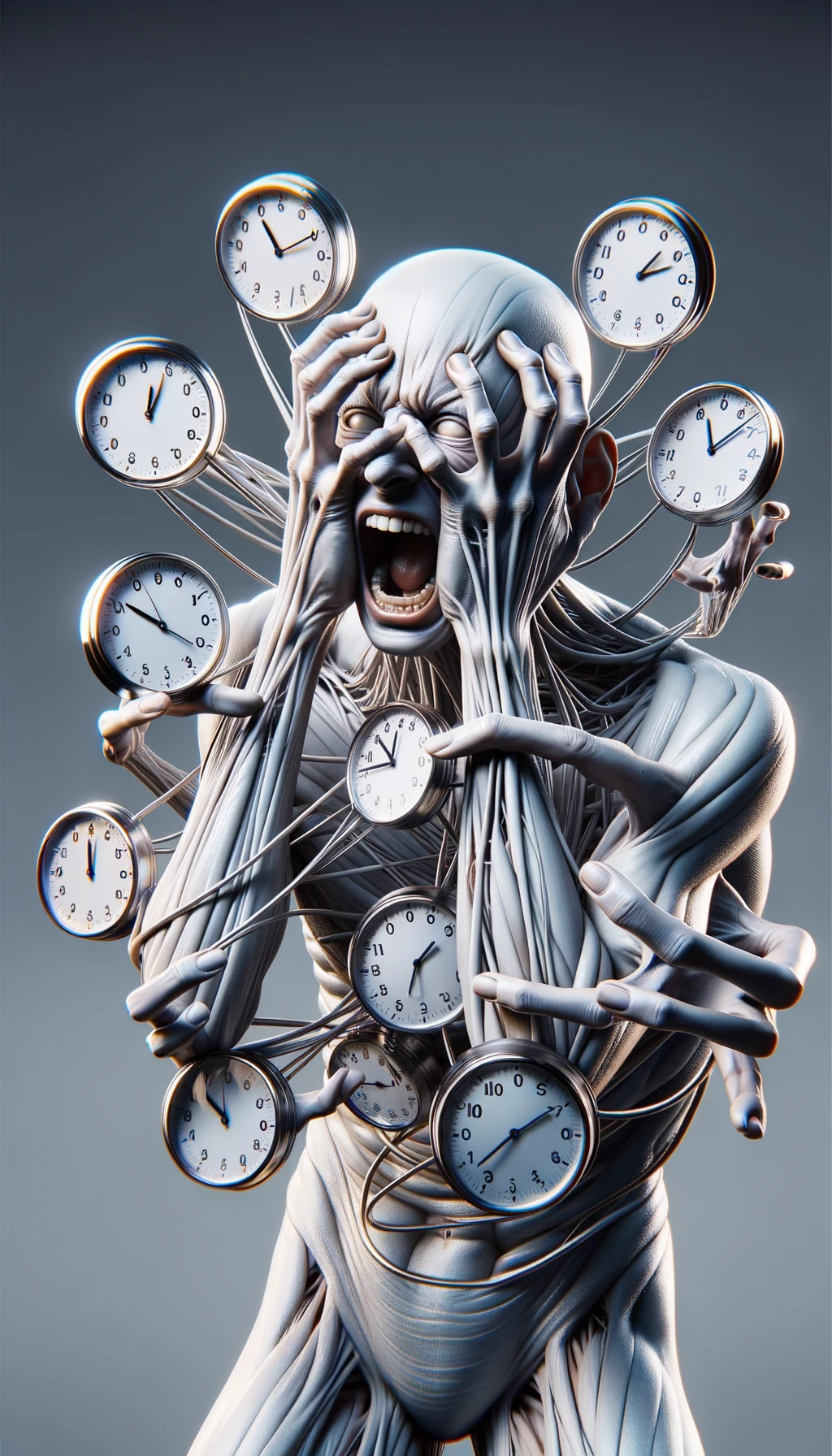 corpo umano anatomico CHE TIENE OROLOGI NELLE MANI E STA IMPAZZENDO PERCHé NON RIESCE A SVOLGERE TUTTE LE SUE ATTIVITà QUOTIDIANE: NON HA TEMPO, iperrealistico 4k emoji