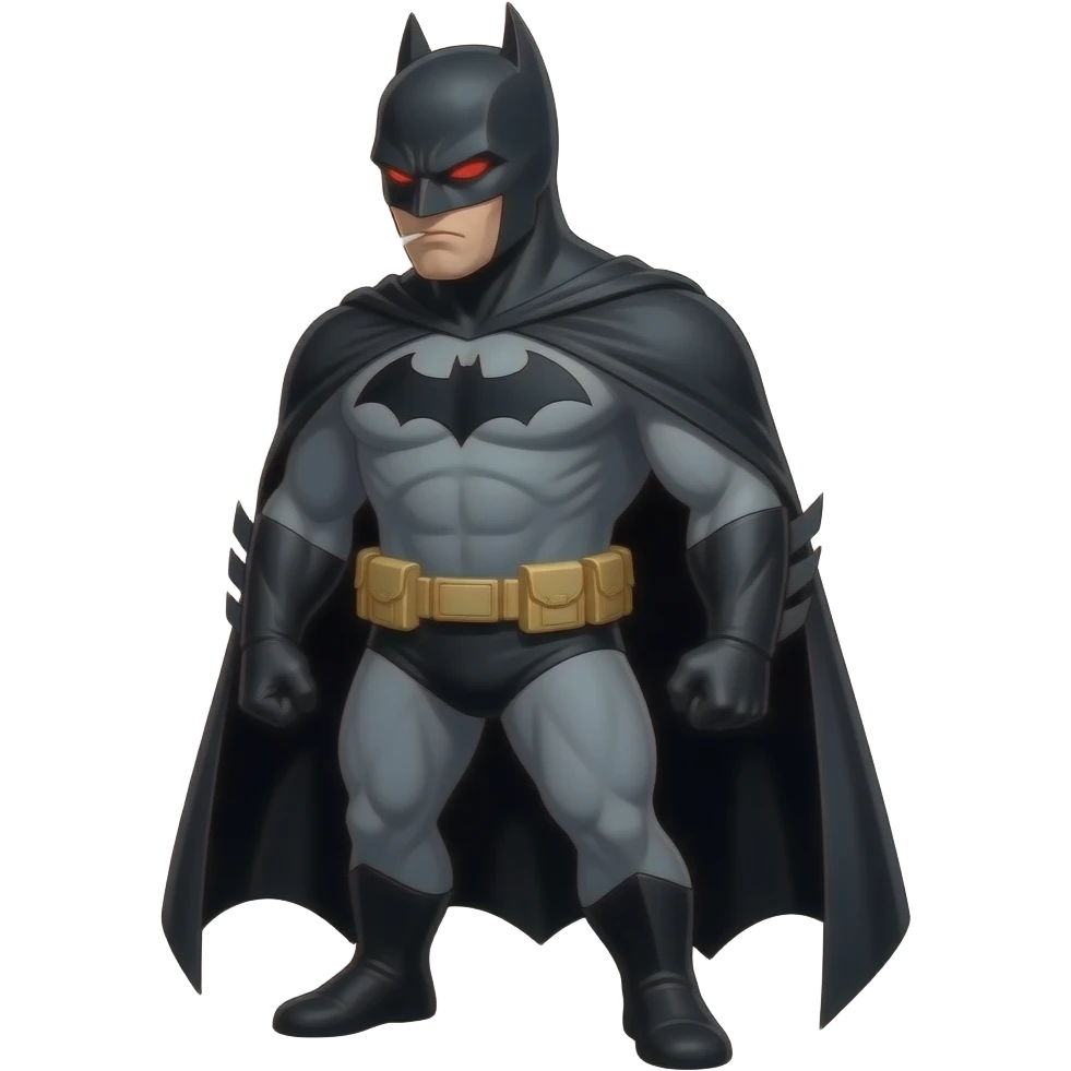 Згенеруй бетмена який курить травичку і в нього червоні очі, в повний зріст, під кутом, він пускає дим emoji