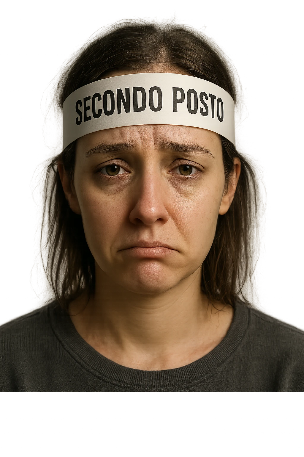 DONNA CON LA SCRITTA "SECONDO POSTO" SULLA TESTA, LEI HA L'ESPRESSIONE TRISTE, COME SE FOSSE SEMPRE SECONDA NELLA VITA, iperrealistico 4k emoji