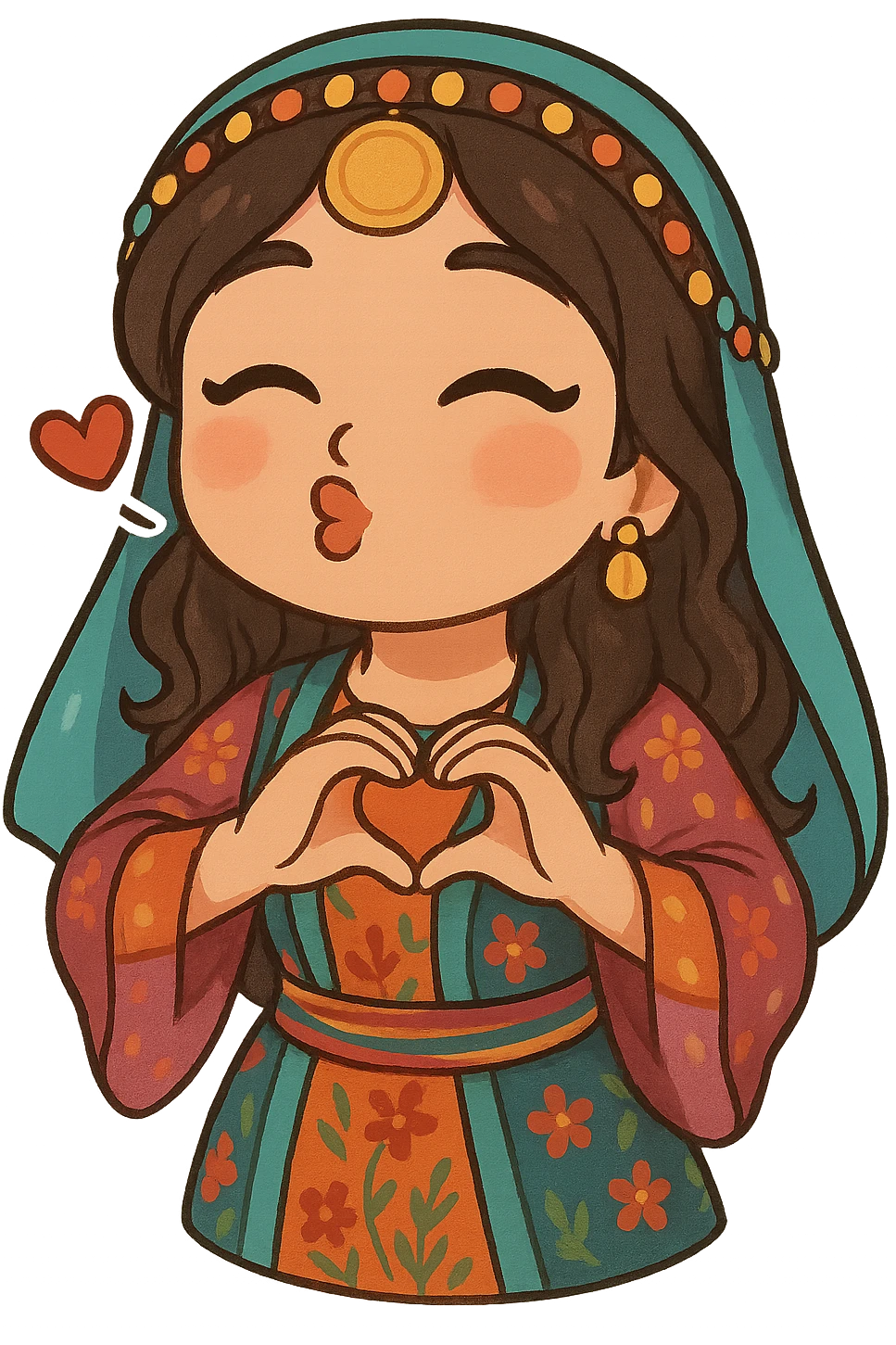 Cartoon sticker of a Kurdish woman in traditional Kurdish female clothing, colorful and cheerful, face sending a kiss, both hands forming a heart in front of chest, no shadows or color halos around the image, no text, suitable for WhatsApp and Instagram, fully transparent background. emoji