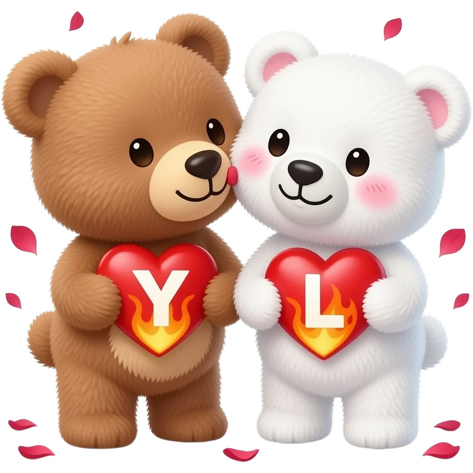 I want one light brown bear teddy kissing on cheek white bear teddy both holding heart fire , both a little furry, the  white bear blushes and smiles , add letter Y to the heart of the brown bear and letter L to the heart of the white bear , rose petals falling from sky , passion emoji