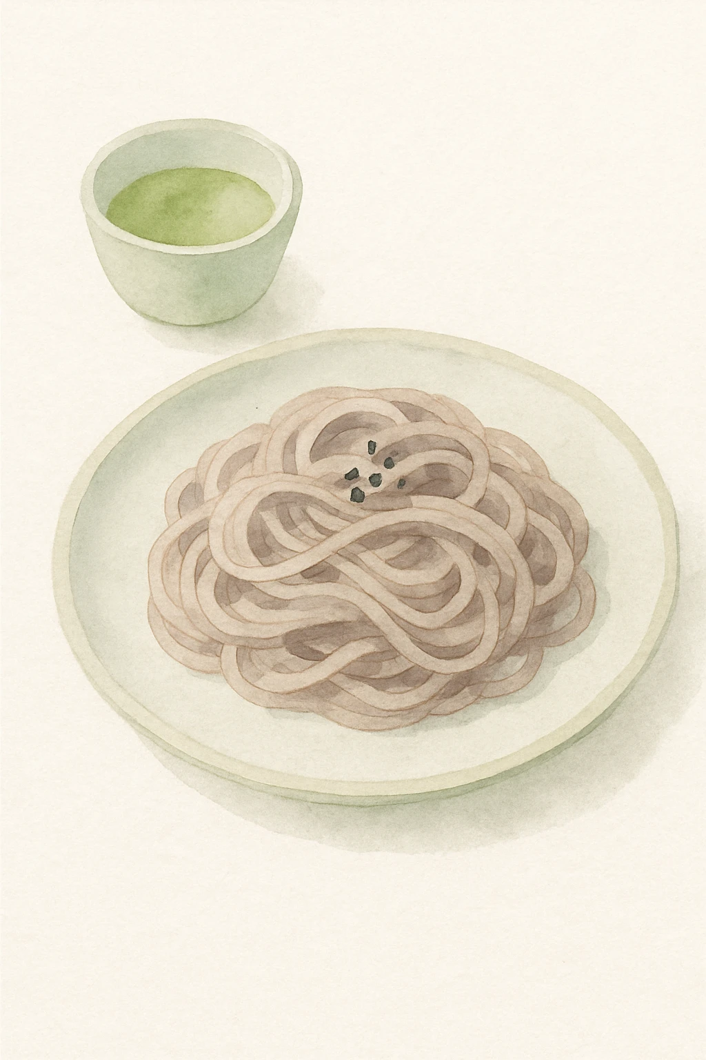 buckwheat noodles, watercolor style, soft colors, artistic presentation emoji