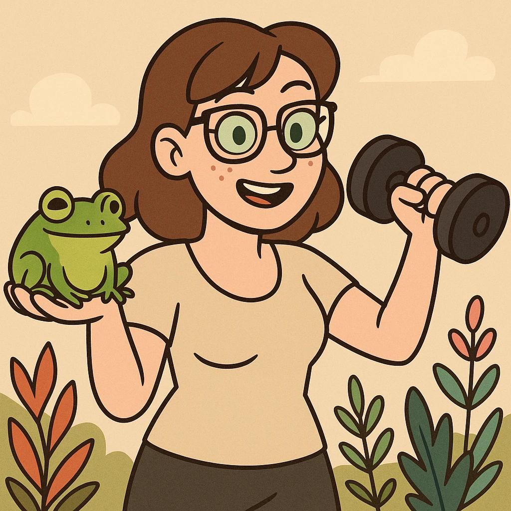 Irish woman with green eyes, brown hair, and glasses, holding a frog and a dumbbell, colorful cartoon style, plants in the background emoji