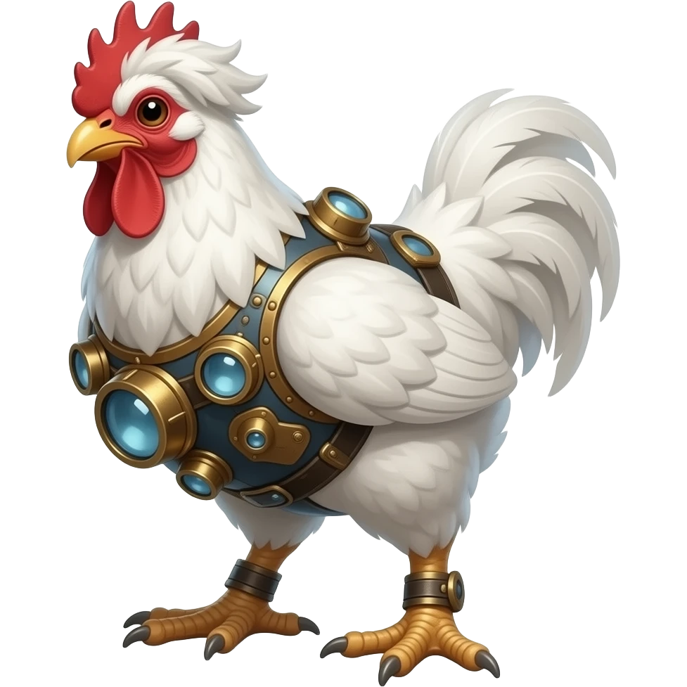 steampunk - a huge white chicken has thick male feet like a Hobbit, the chicken's head is disheveled, painted at a 45-degree angle emoji