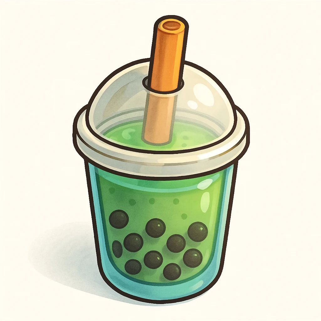 bubble tea cup with a rounded cute lid, blue cup, green drink inside, vector hand-drawn style, clear bold outlines, expressive shadows and highlights, matte glass effect, extra adorable, playful details emoji