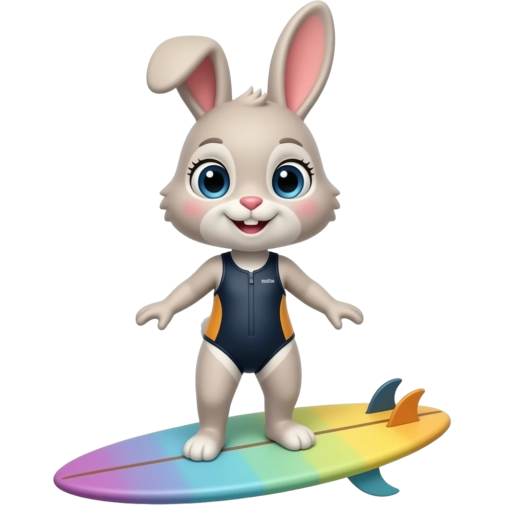 cute female Rabbit on colourful surfboard with two piece emoji