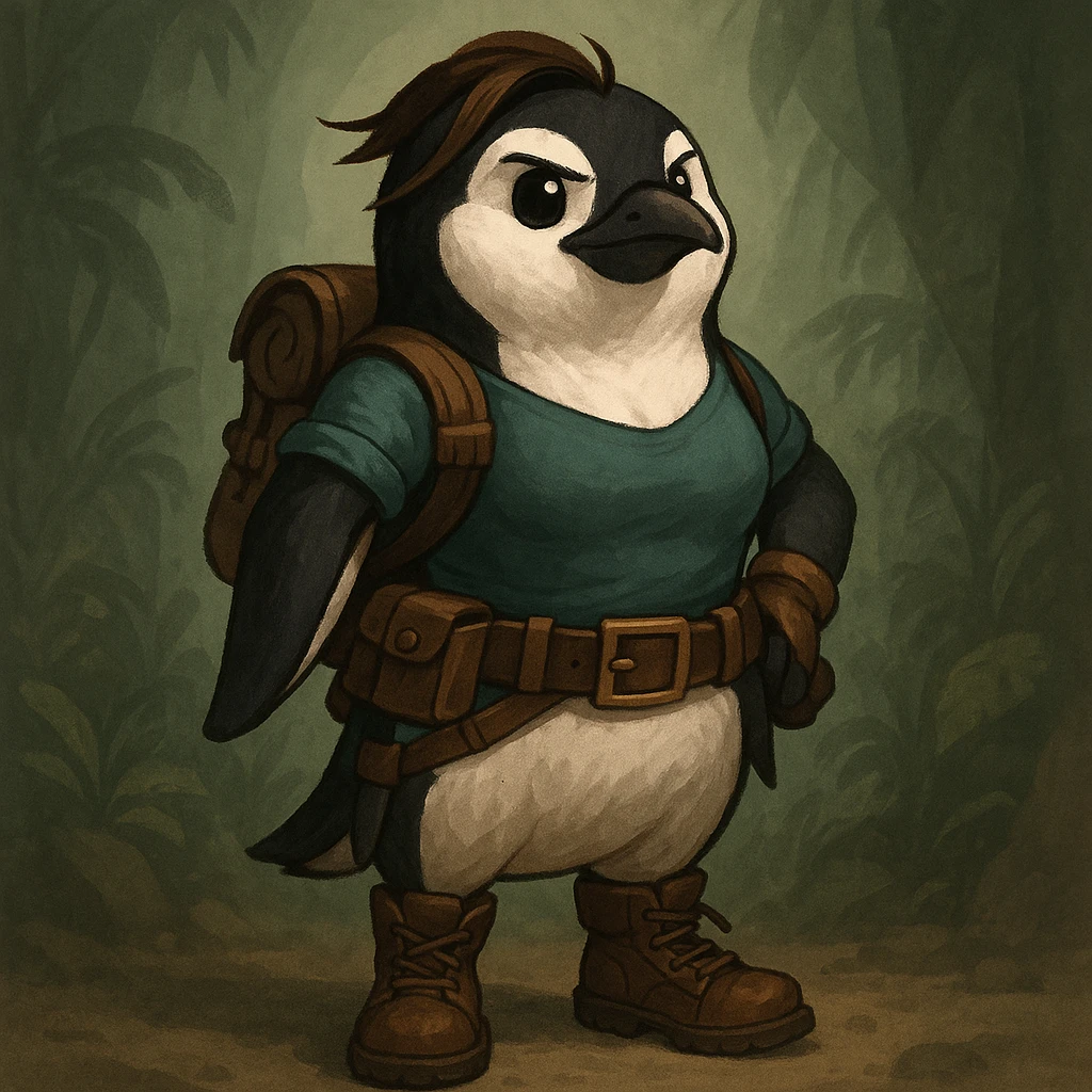 a penguin dressed as an explorer, inspired by Lara Croft, with a utility belt and boots emoji