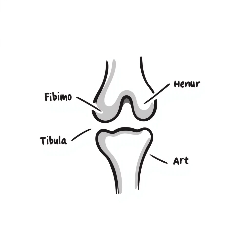 anatomical drawing of knee bones showing patella, femur, tibia, and fibula with labels emoji