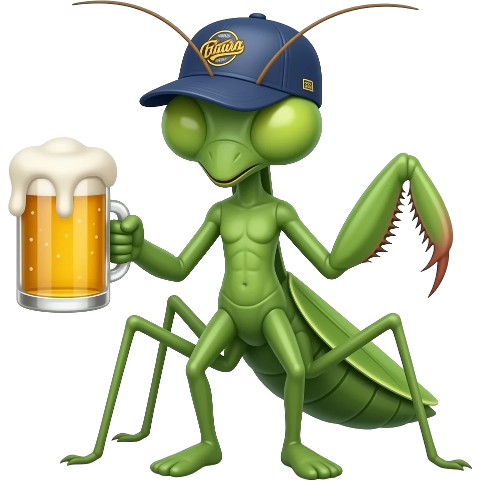 A ghetto praying mantis with a beer with no clothes and with a cap emoji