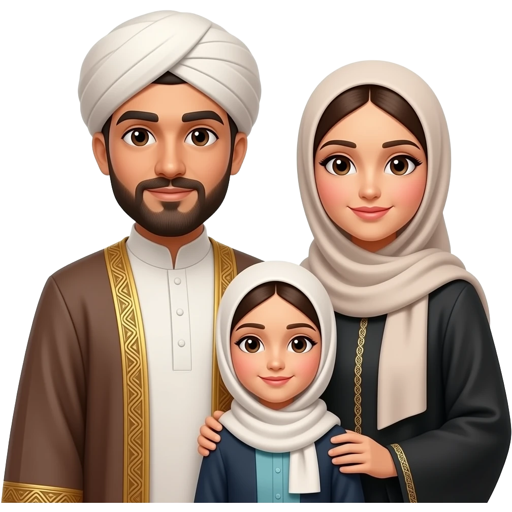 family the dad with short bald hair and  wearing a turbu and a tuhob and me is a girl with a hijab and my mom have a abayah emoji