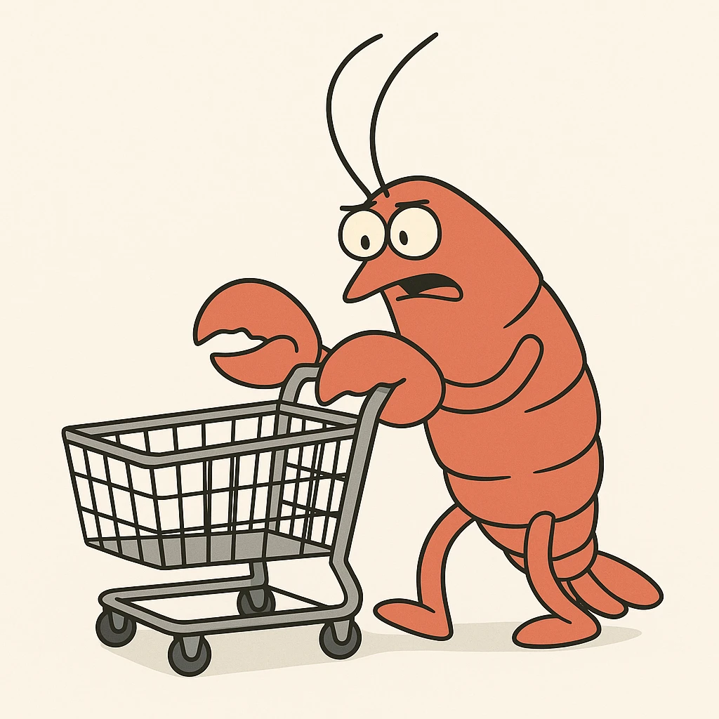 lobster pushing a shopping cart, white background emoji