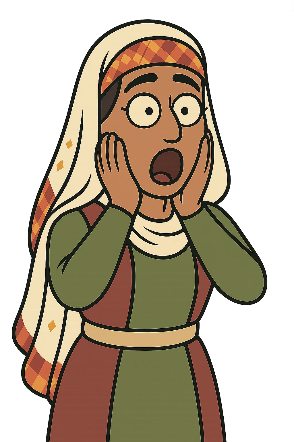 Kurdish man or woman in jamadani, cartoon style, feeling surprised, mouth open, hands on cheeks, no text emoji