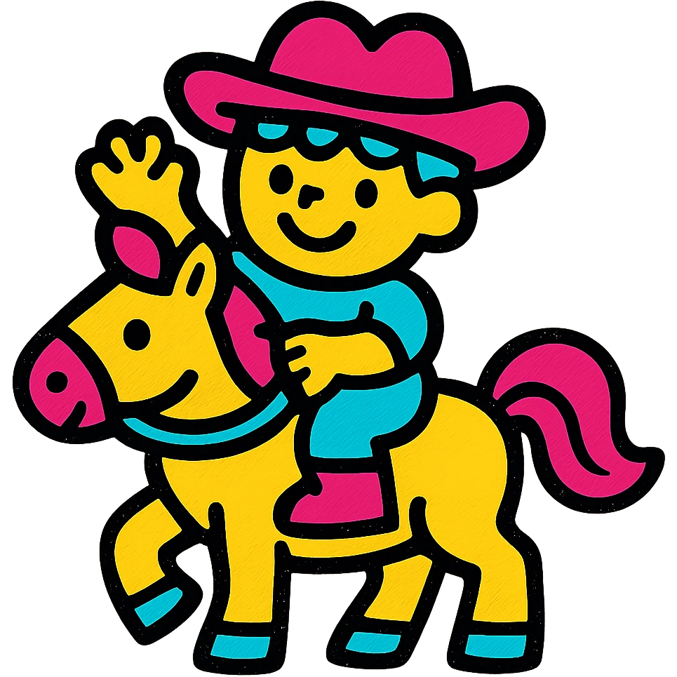bright and cheerful icon of a child riding a horse, flat color style, minimal but expressive emoji