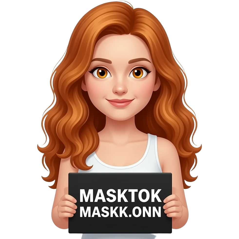 sexy girl with long wavy ginger hair and ginger eyes wearing a white tanktop is holding a black colored sign with MASKTOK MASKK.ONN written on it emoji