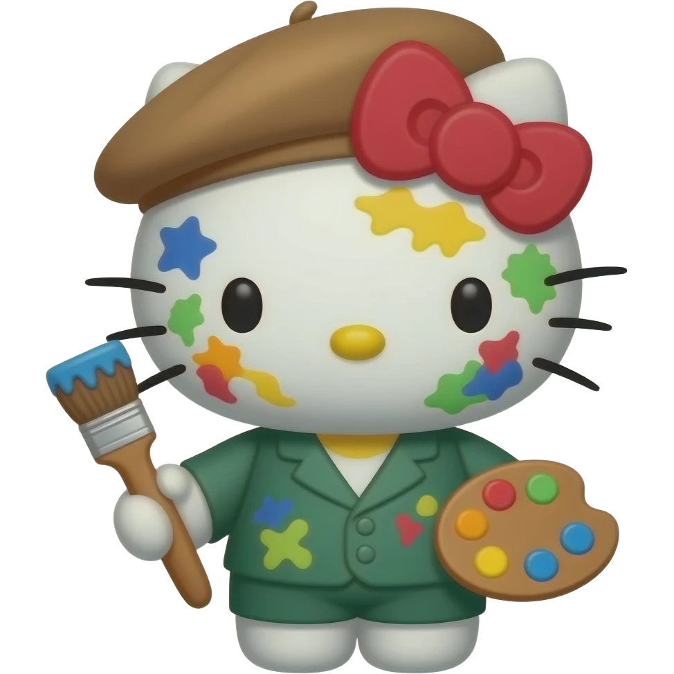 hello kitty representada como el pintor vangogh, con boina, pincel y toda manchada de pintura  pincel emoji
