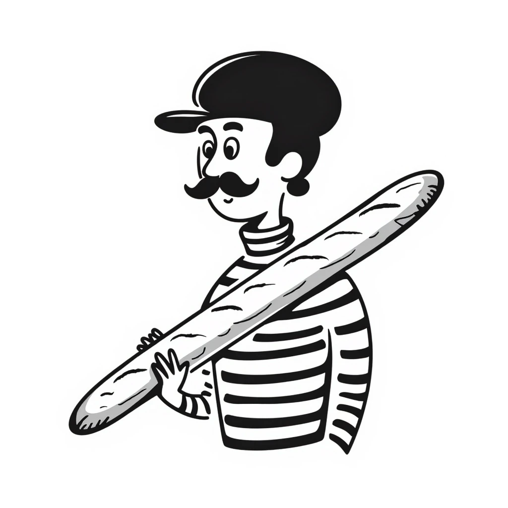 A Frenchman with a moustache and a beret, holding a baguette, wearing a black and white striped shirt, hand-drawn doodle style. emoji