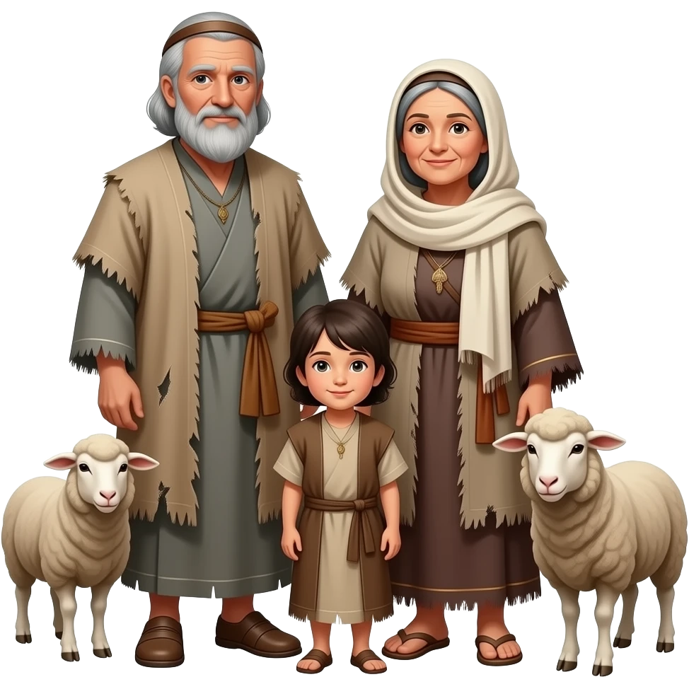 A Jewish nomadic family with an old man old woman and 2  children, wearing old tattered draped clothing from biblical times with sheep emoji
