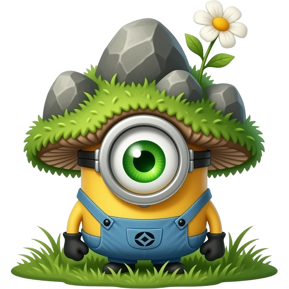 Weird mushroom creature minion with rocks growing on its back with one shingle green eye with a flower growing on it with grass on its whole body emoji
