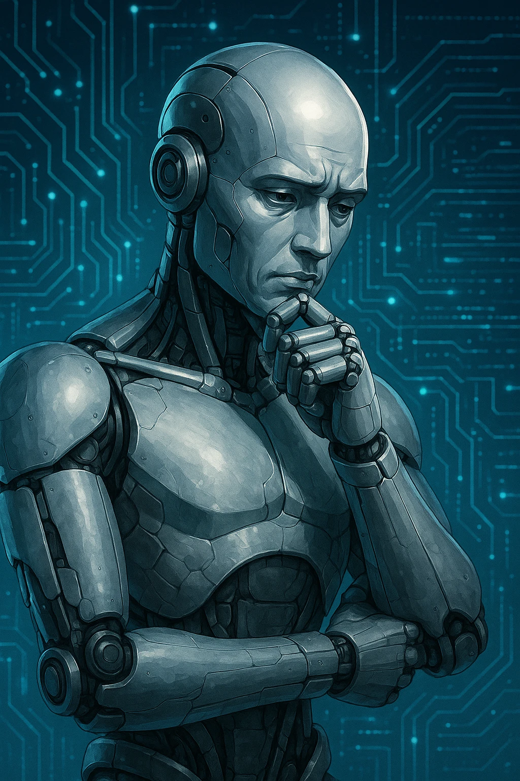a robot deep in thought, metallic, expressive face, hands on chin, digital background emoji