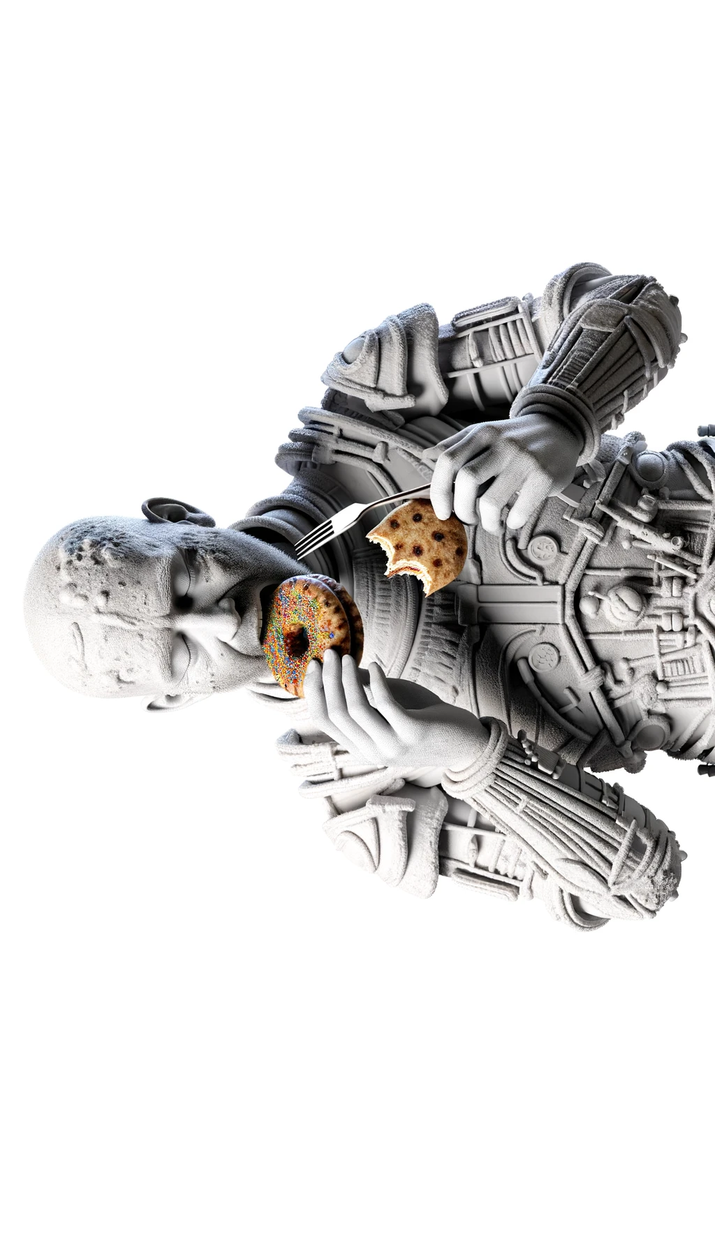 corpo umano anatomico in piedi a figura intera che si abbuffa di dolci e zuccheri, iperrealistico 4k, isolato su sfondo bianco emoji