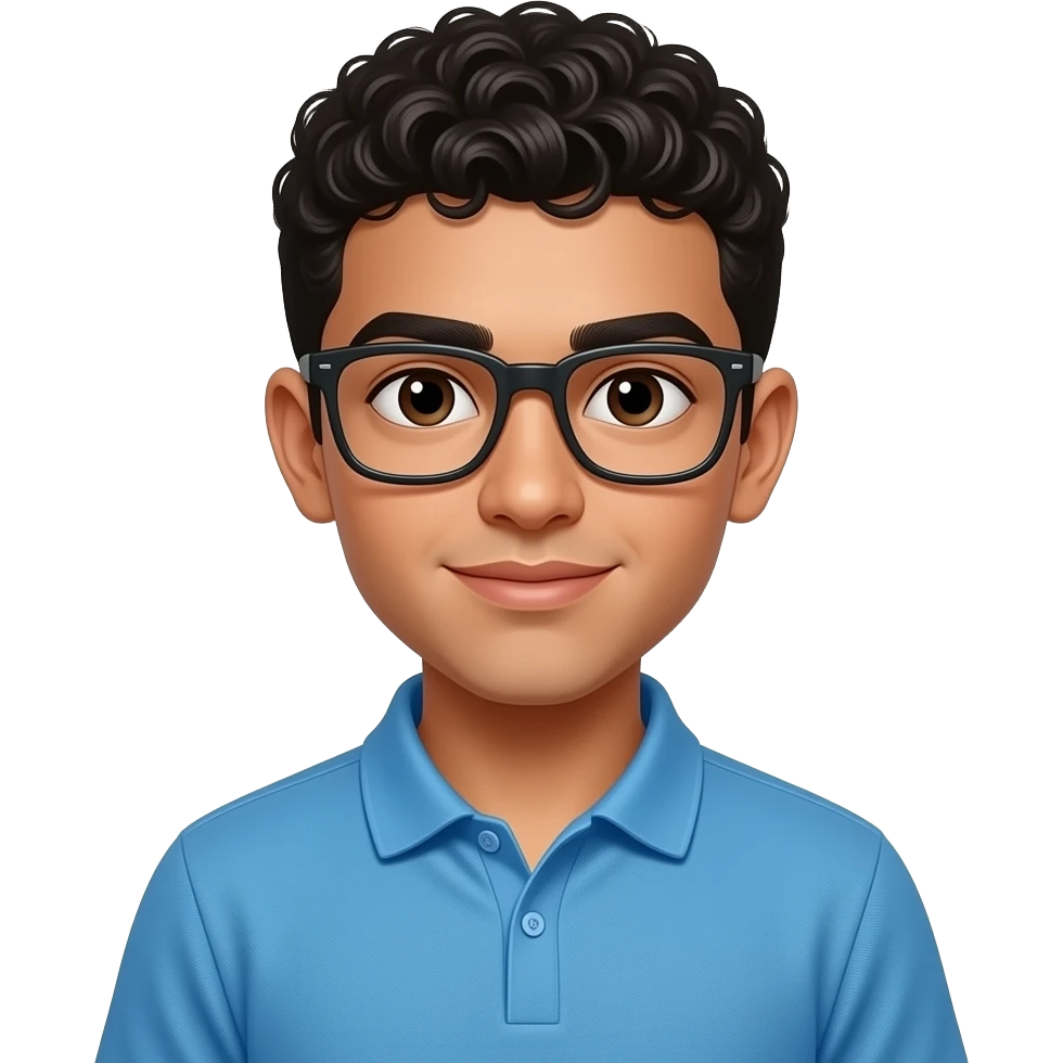 A boy with a Arab skin, who look like a adolescent with unperfect skin black and verry verry short hair,and a bleu cyan polo And with glasses black and with curl hair emoji