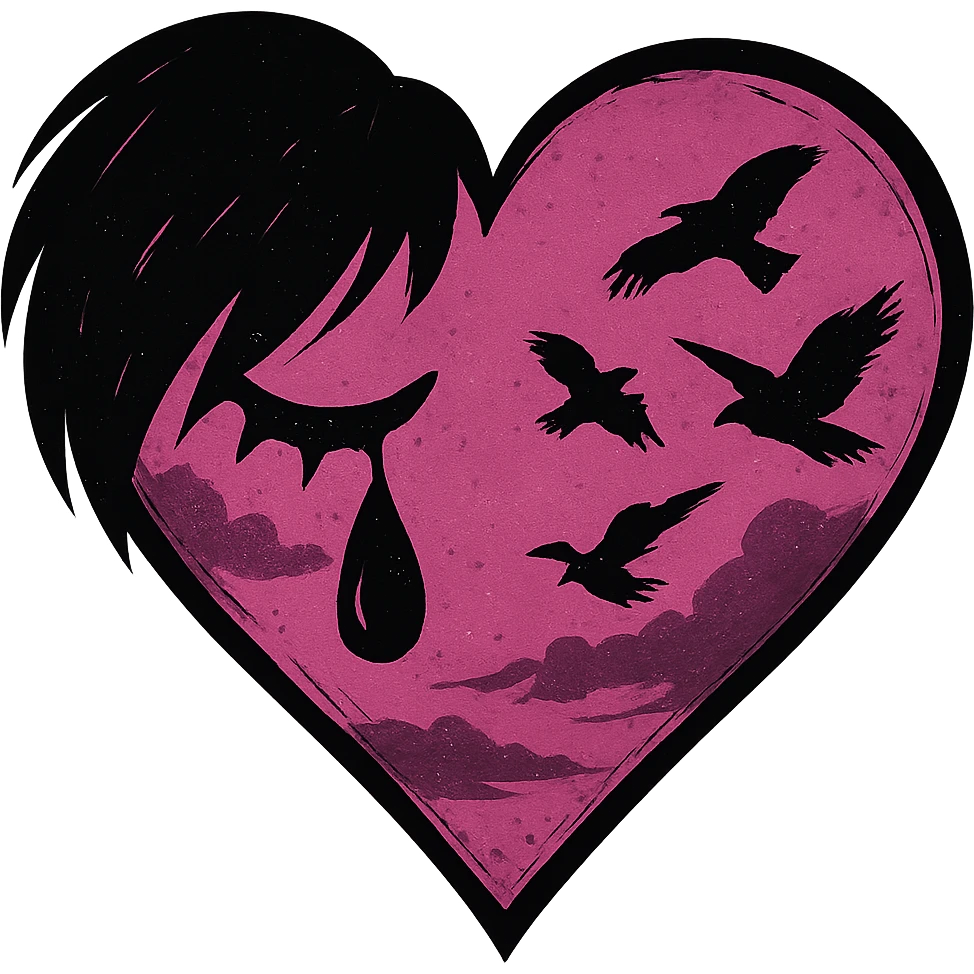 emo heart with pink night sky and dark ravens, remove background emoji