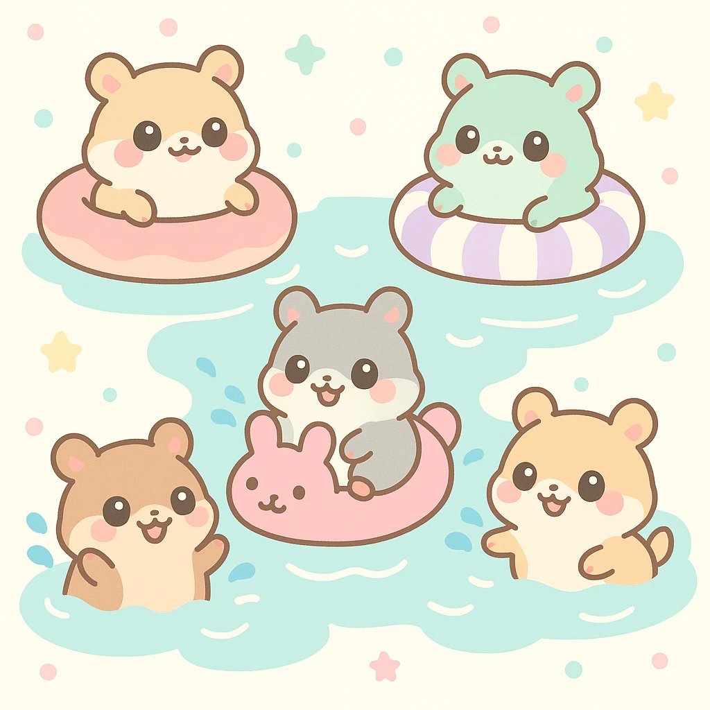 a group of cute hamsters having a pool party, some floating on pool inflatables, some splashing water, bright and playful summer vibe emoji