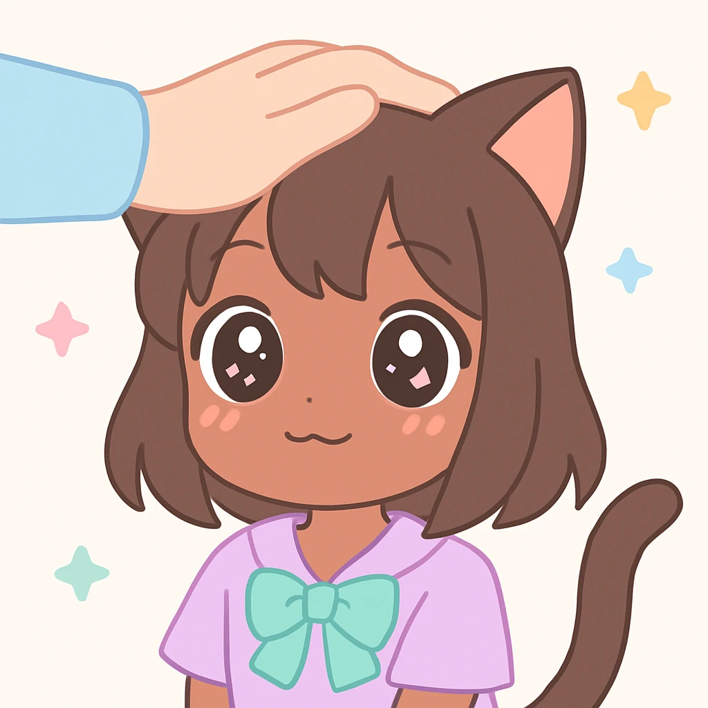 anime style cat girl with brown skin, receiving a head pat, cute expression, focus on face and hand, soft colors emoji
