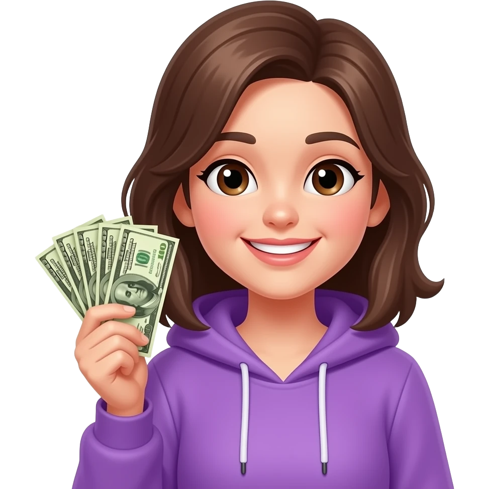 Счастливая девочка с деньгами в фиолетовой одежде emoji