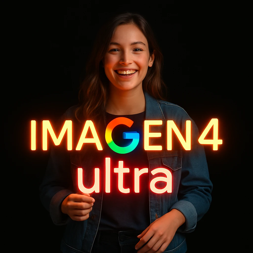 make a girl holding this sign, but sign in made of neon, also add ultra below the sign emoji