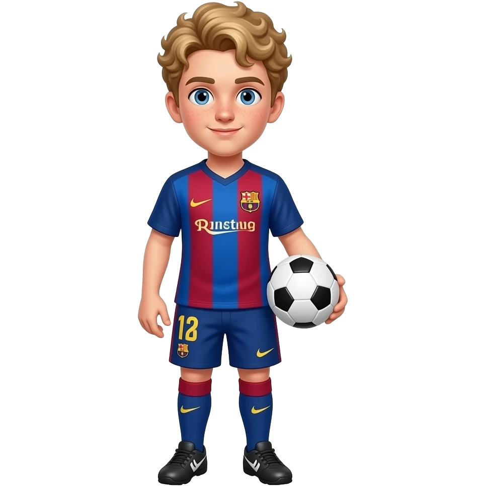 curly haired blonde blue eyed young short hot teen boy polish with freckeles wearing a barcelona football shirt holding a football emoji